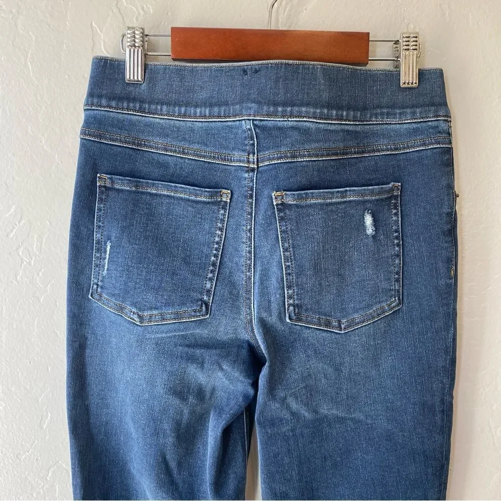 SPANX Petite Distressed Released Raw Hem Skinny Jeans in Medium Wash